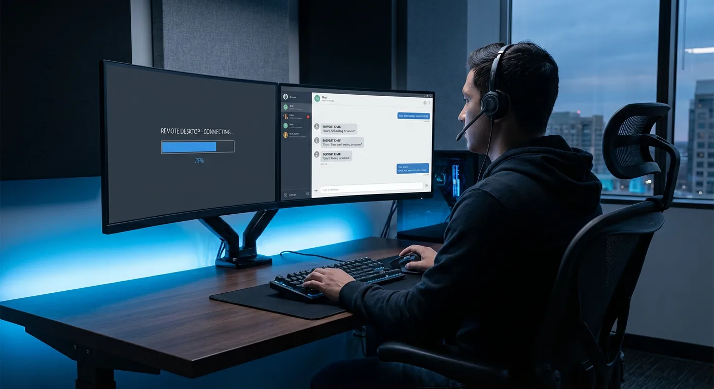 Tecnico de soporte remoto trabajando en equipo de computo
